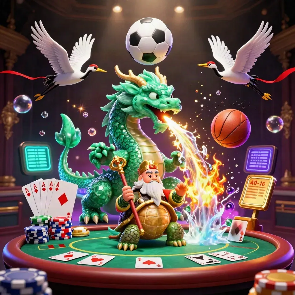 Dragão de jade, tartaruga sábia e guindastes cercam bola de futebol e fichas em luz neon.
