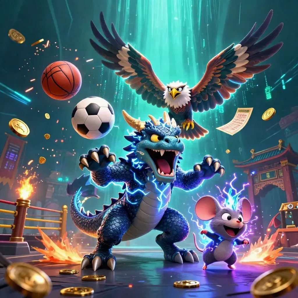 Dragão elétrico, falcão e rato com bolas, moedas e templo em neon, fundo submerso.