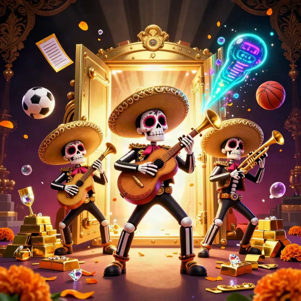 Trio de esqueletos mariachis com cofre dourado, bolas e joias brilhando em fundo luxuoso.