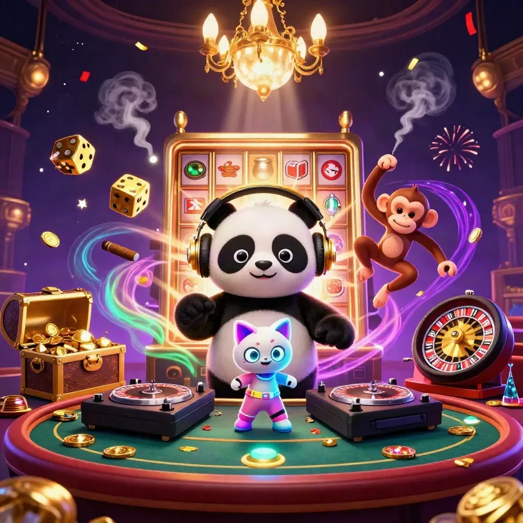 Panda DJ, macaco e gatinho neon em cassino luxuoso com slot e brilho dourado.