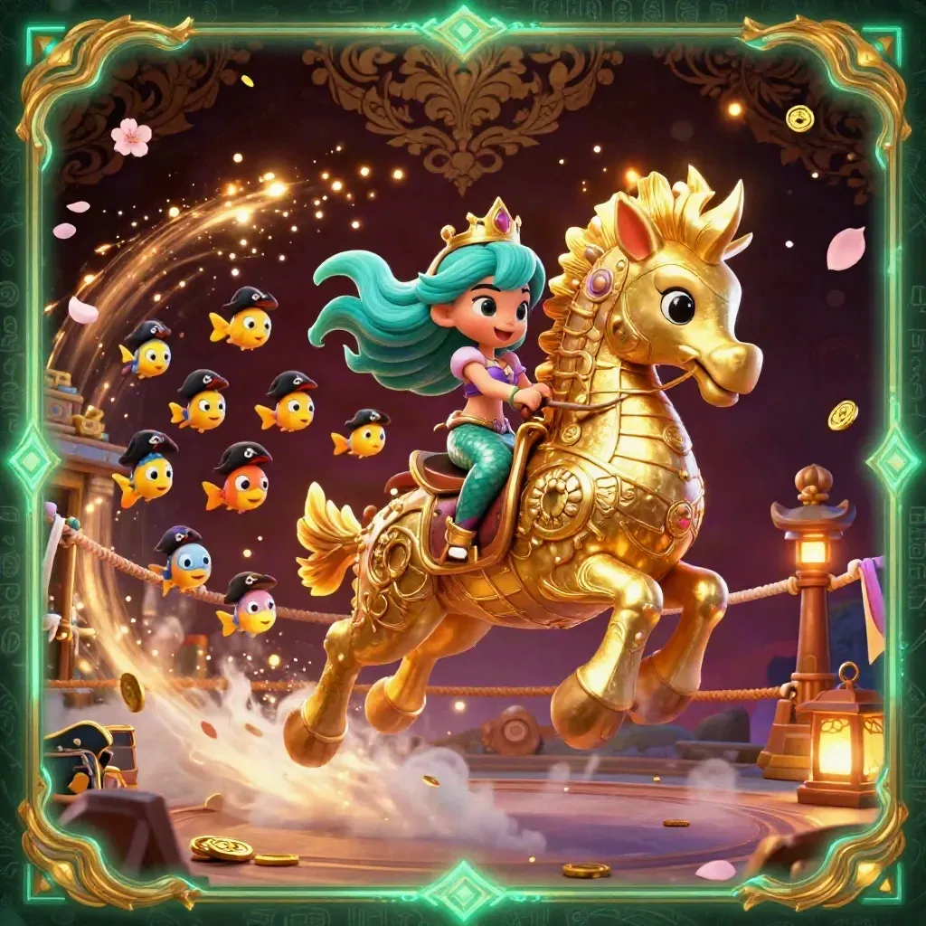 Uma sereia princesa montada num cavalo-marinho dourado, com peixes piratas e efeitos de cassino luxuosos.
