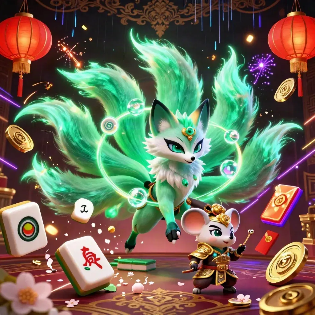 Raposa espiritual de nove caudas com mouse samurai, lanternas, moedas e brilho verde neon.
