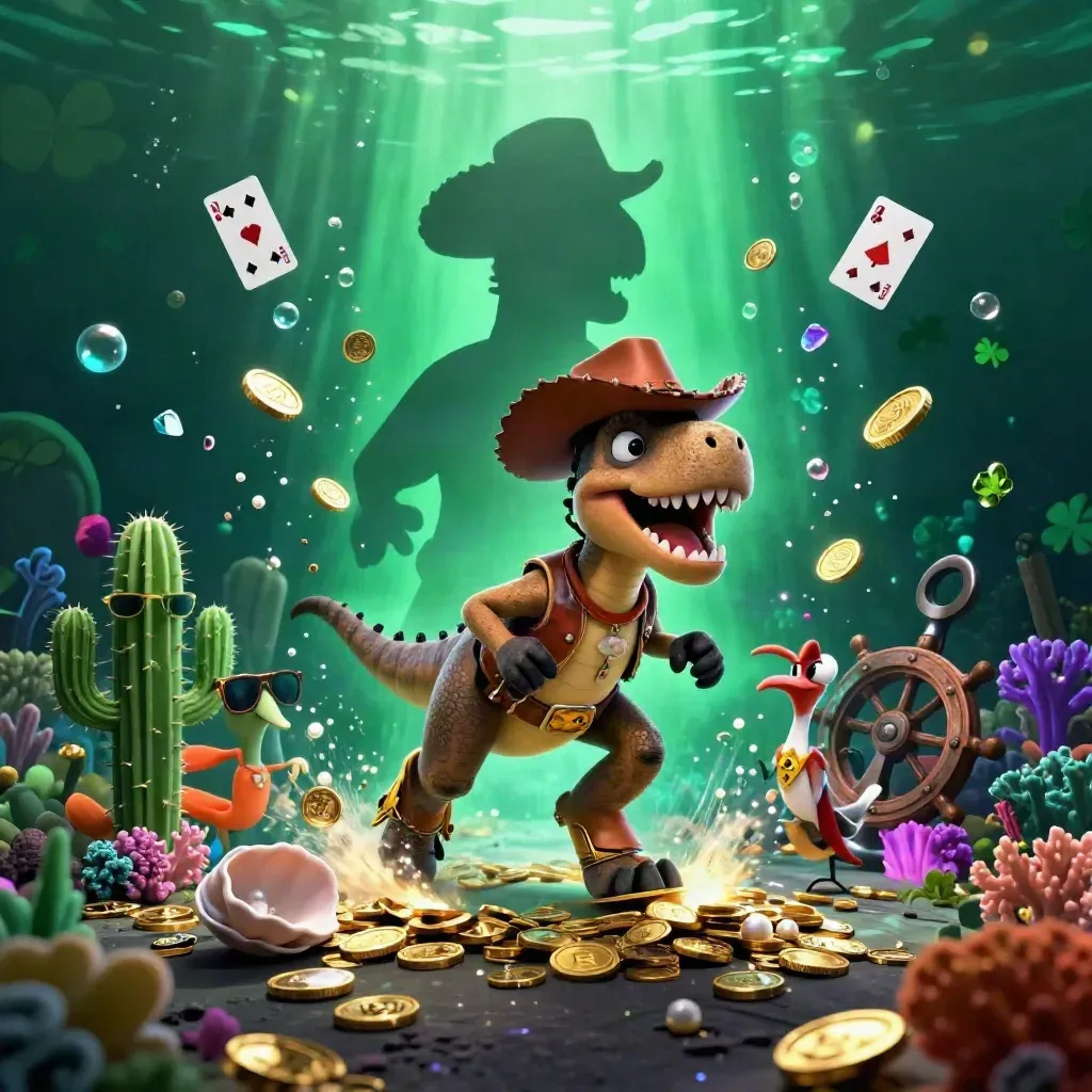 T-Rex cowboy, cacto de óculos e pássaro-sheriff em cova do tesouro subaquática com moedas e corais brilhando.