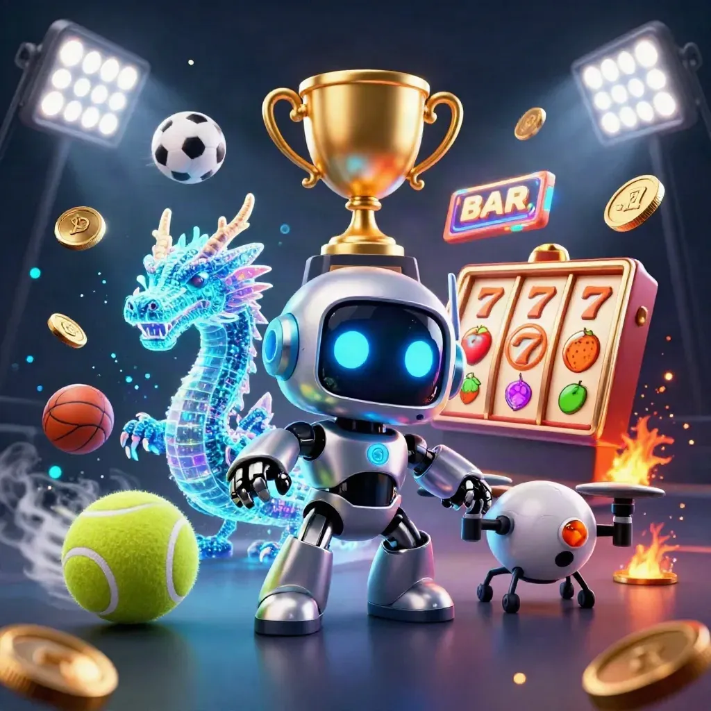 Robô cyberpunk, dragão holográfico e drone entre bolas, moedas e luzes de cassino.