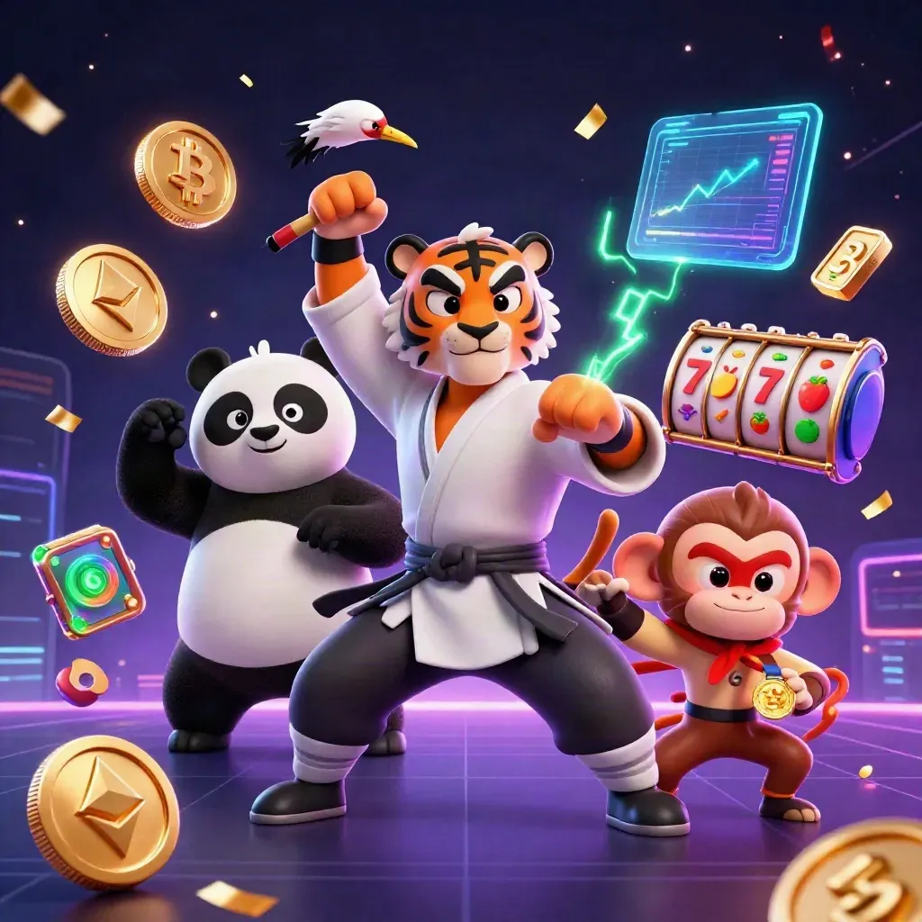 Tigre mestre kung-fu com panda e macaco, moedas neon e efeitos de cassino futurista.