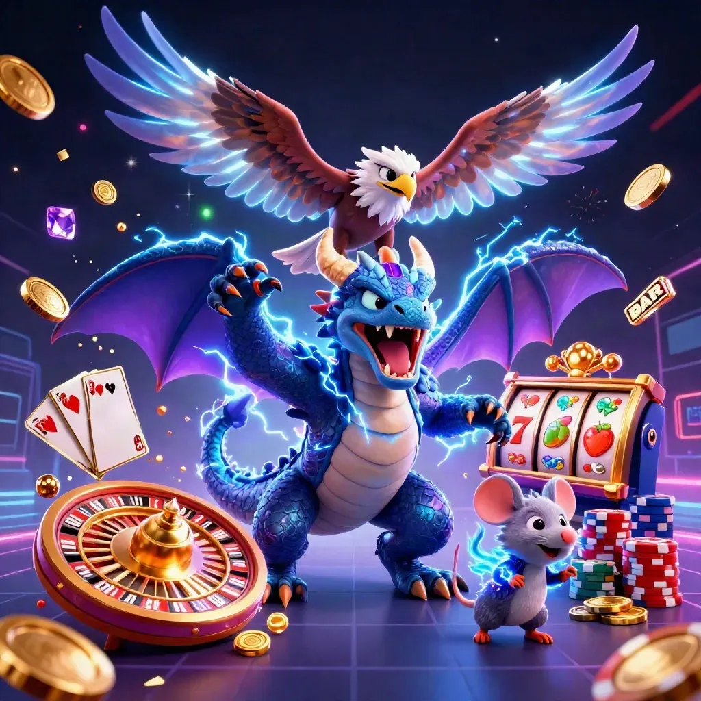 Dragão elétrico, falcão e ratinho em explosão de moedas, roleta e slots num cassino neon.